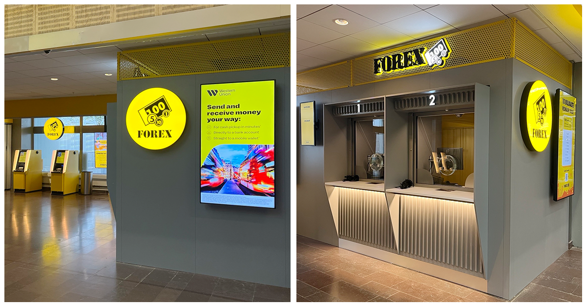 Double image of a new FOREX store at Arlanda Terminal 5 with a skimmed design, warm lighting and the yellow FOREX logo