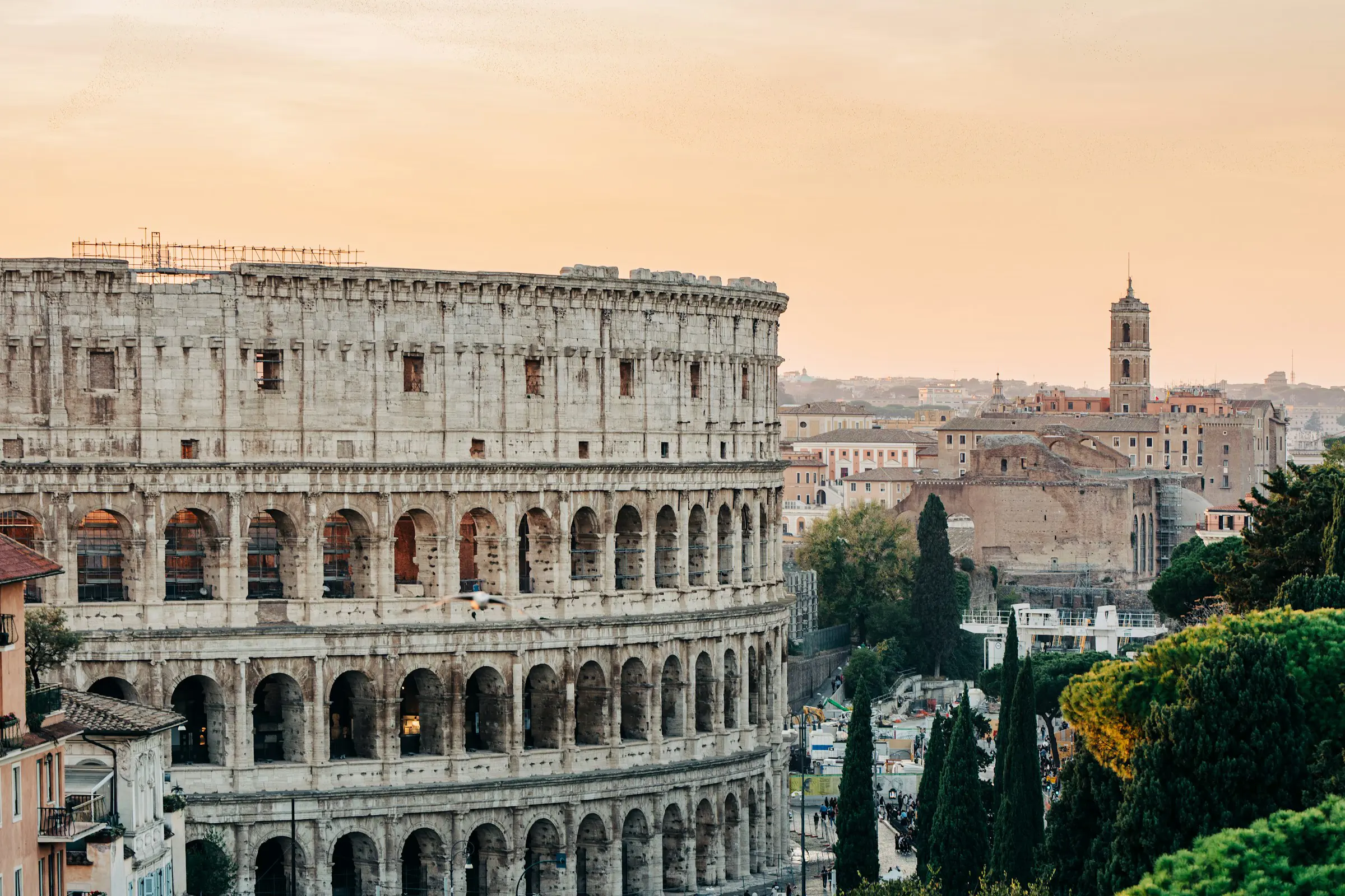 Colosseum i Rom vid solnedgången, med omgivande historiska byggnader och träd i bakgrunden.