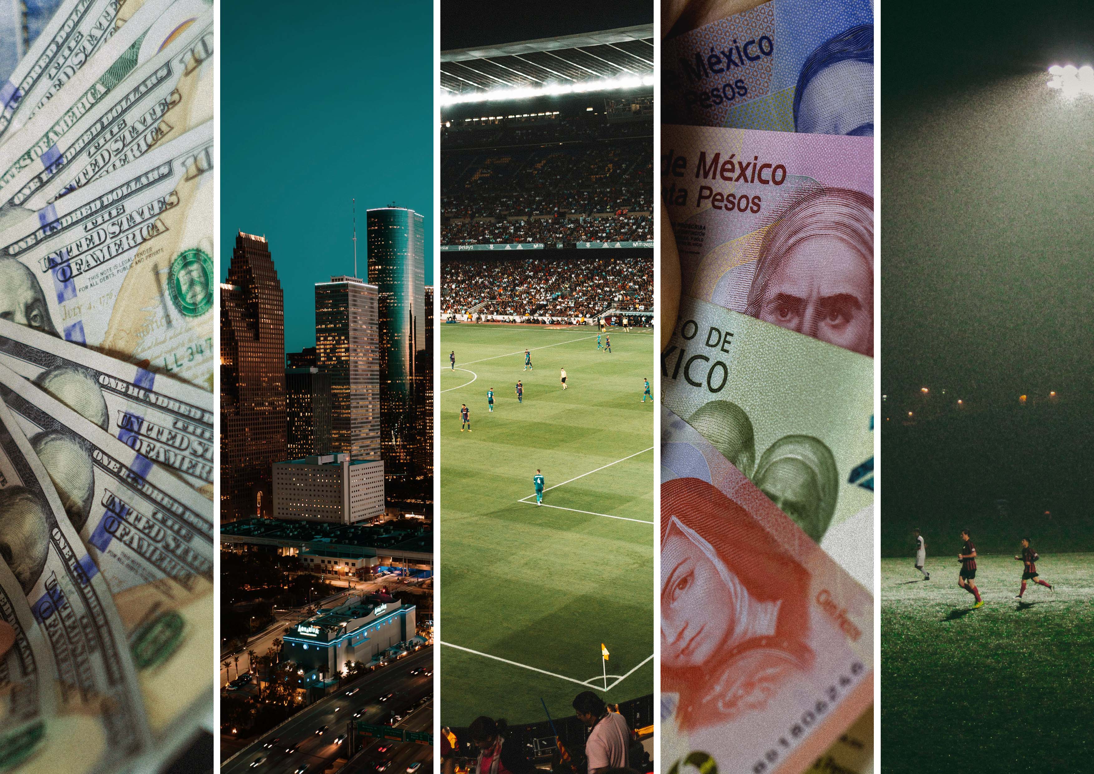Collage with US dollars, Mexican pesos, city skyline, football matches and stadium environment illustrating costs, currency and experiences around football trips.