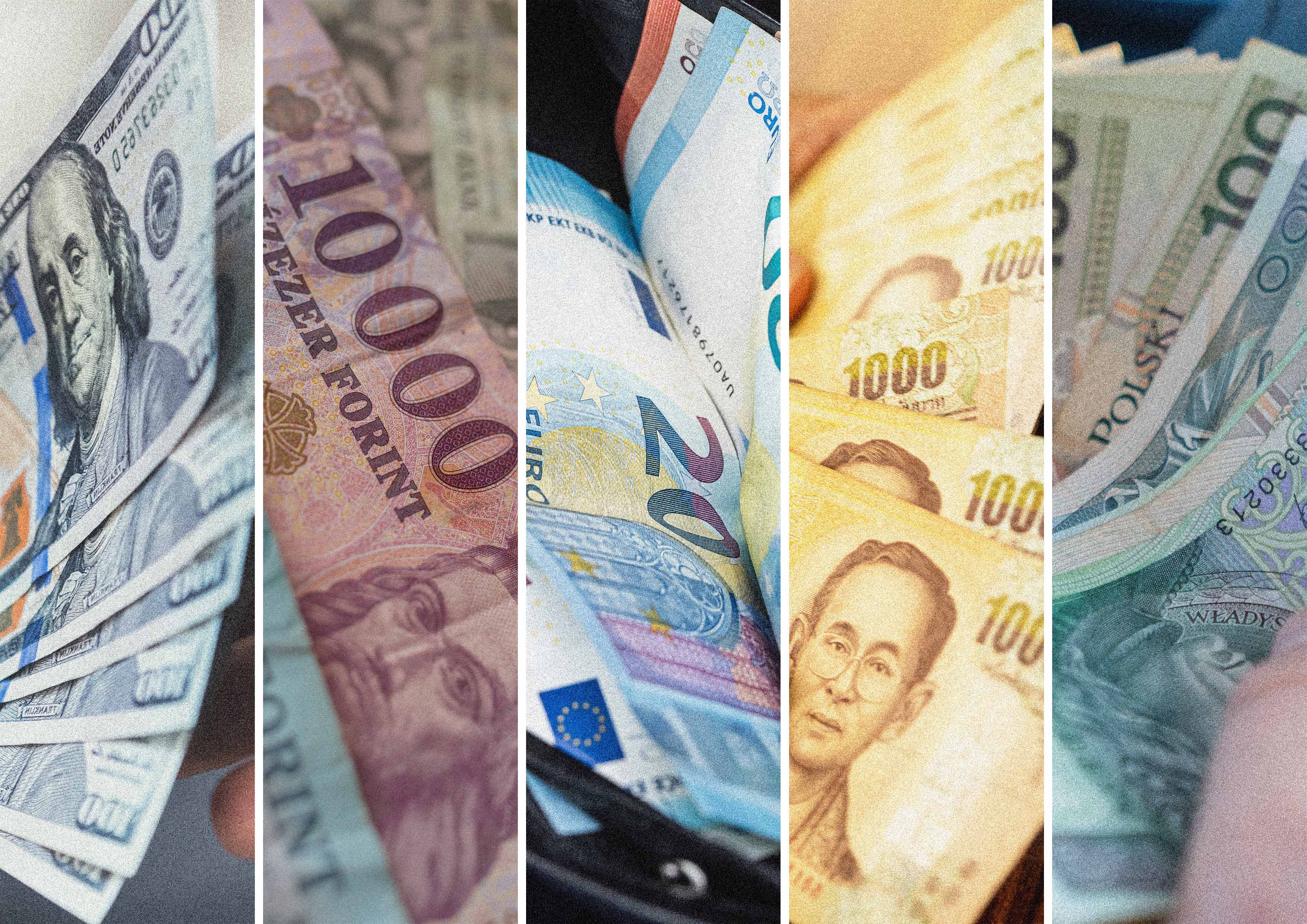 Närbild av sedlar i olika valutor – amerikanska dollar, euro, thailändska baht, ungerska forint och polska zloty – arrangerade sida vid sida
