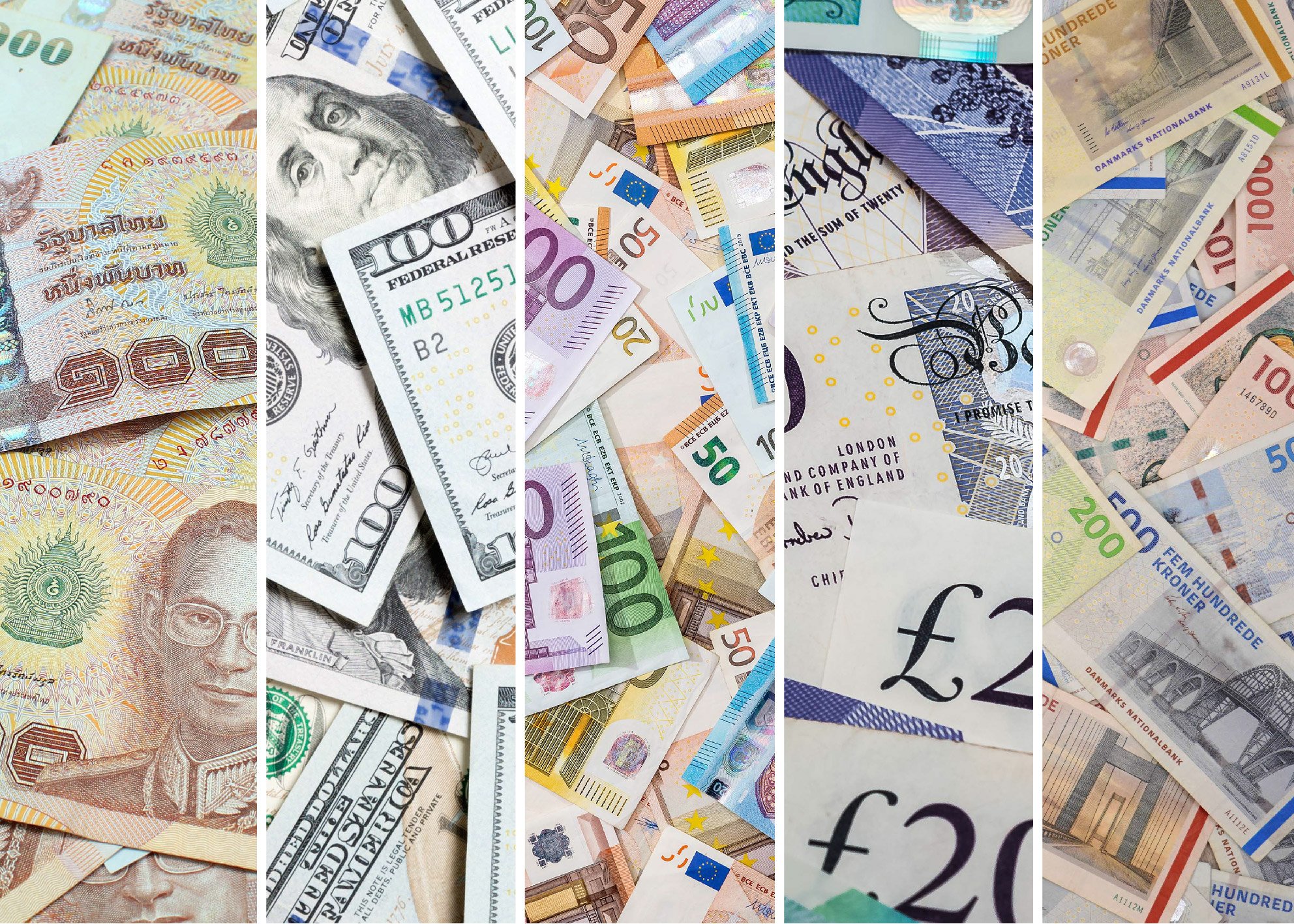 Olika valutor inklusive thailändska baht, amerikanska dollar, euro, brittiska pund och svenska kronor, spridda över en yta.