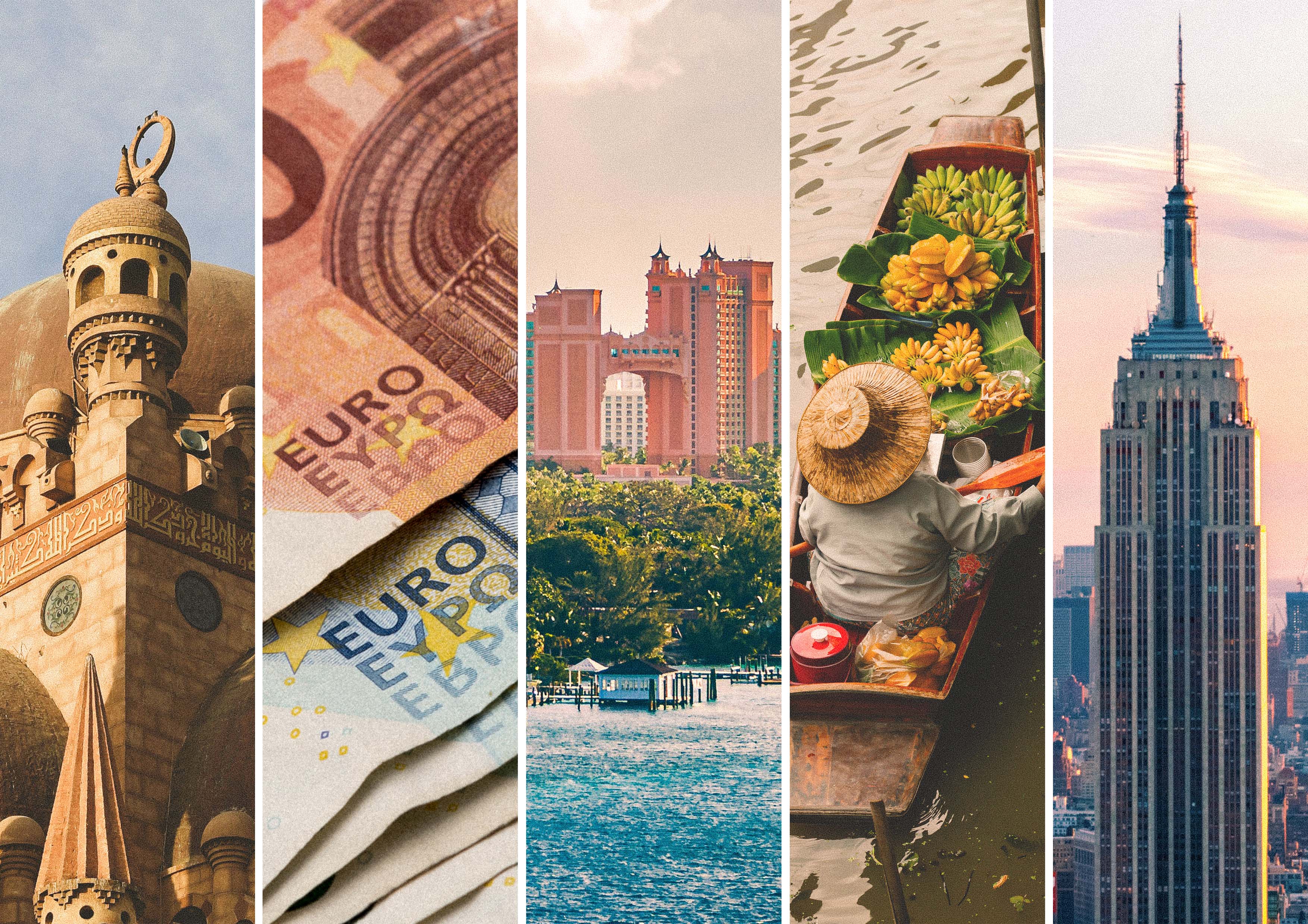 Kollage med sevärdheter, eurosedlar, hotell, flytande marknad i Thailand och Empire State Building som illustrerar resmål, valuta och kostnader för resor runt om i världen.