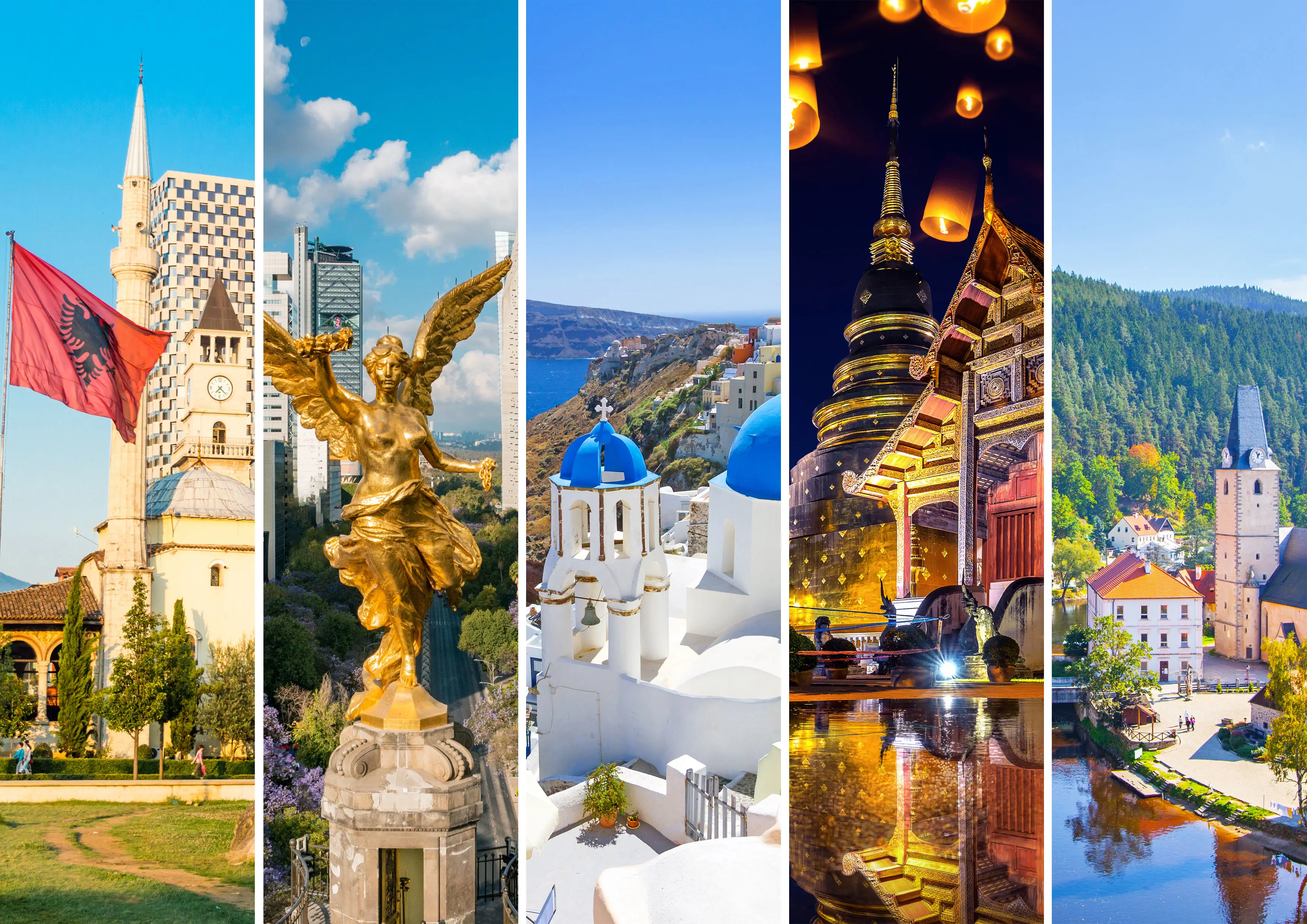 Collage of five destinations: A tower with Albanian flag, statue of a modern city, white and blue buildings by the sea, illuminated temple with golden details, and picturesque village with church surrounded by forest.