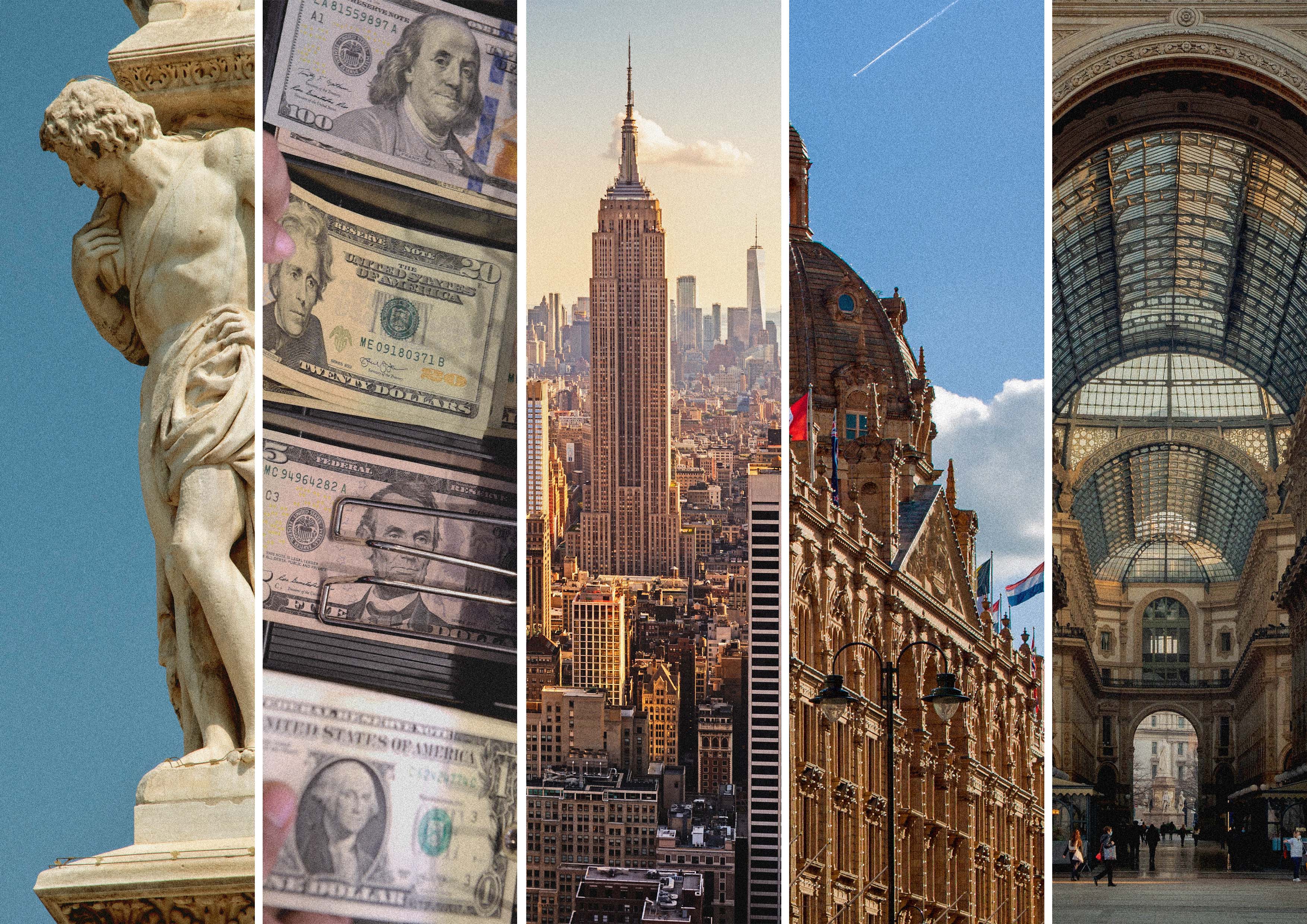 Staty av marmor, bunt med amerikanska dollar, Empire State Building i New York, historisk byggnad med flaggor i Europa, inomhusgalleria med glastak.