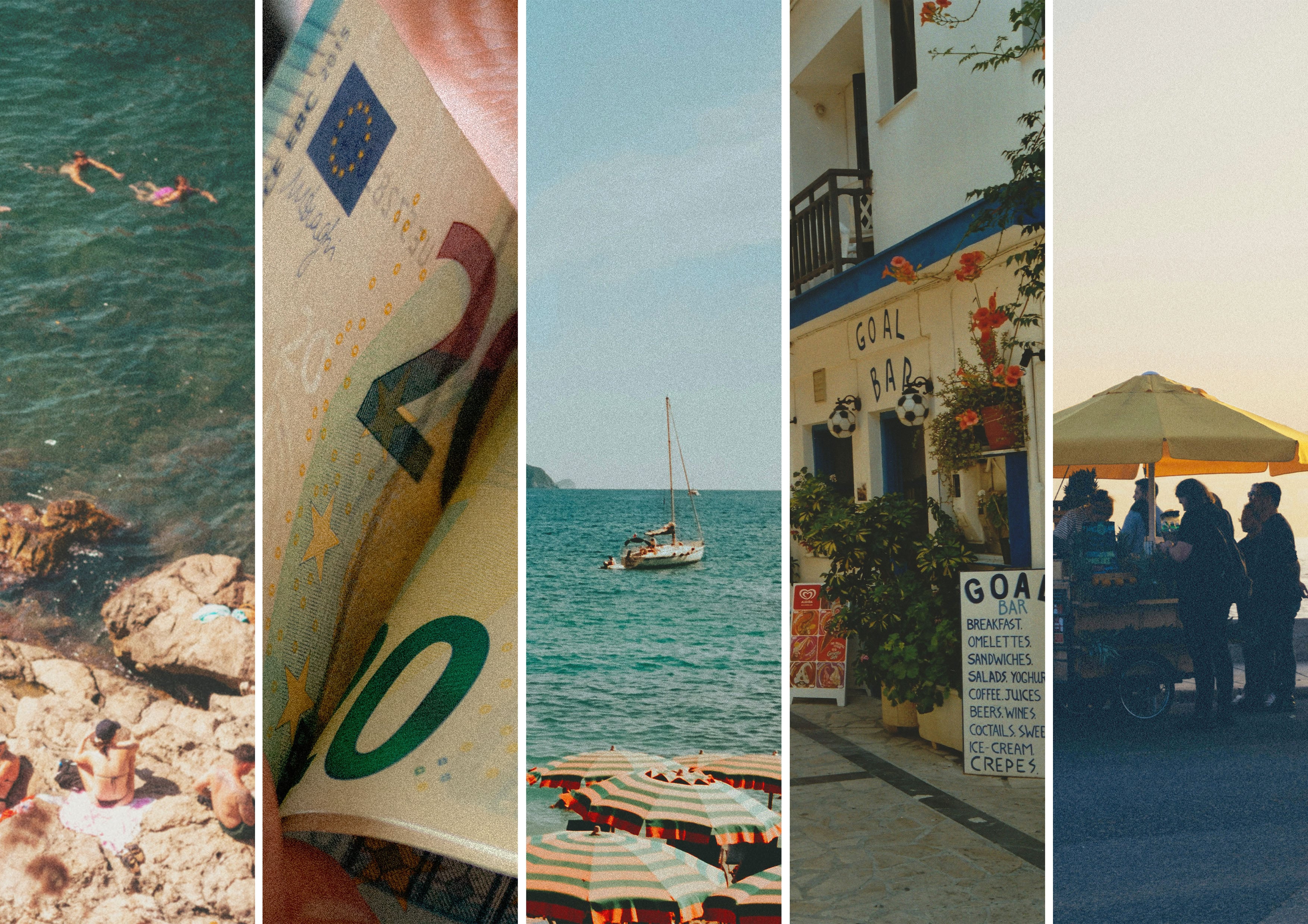 Kollage med strandliv, badgäster, segelbåt och eurosedlar som symboliserar solsemester, resbudget och turism vid Medelhavet.