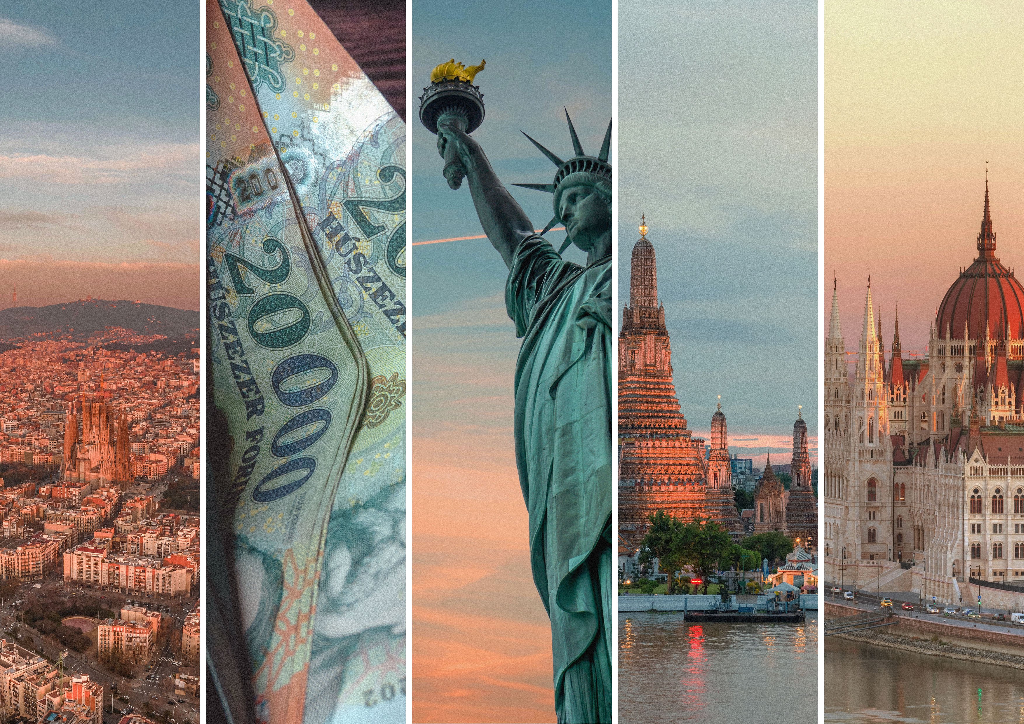 Vy över Barcelona, ungerska forintsedlar, Frihetsgudinnan i New York, Wat Arun-templet i Bangkok och parlamentet i Budapest vid solnedgång.