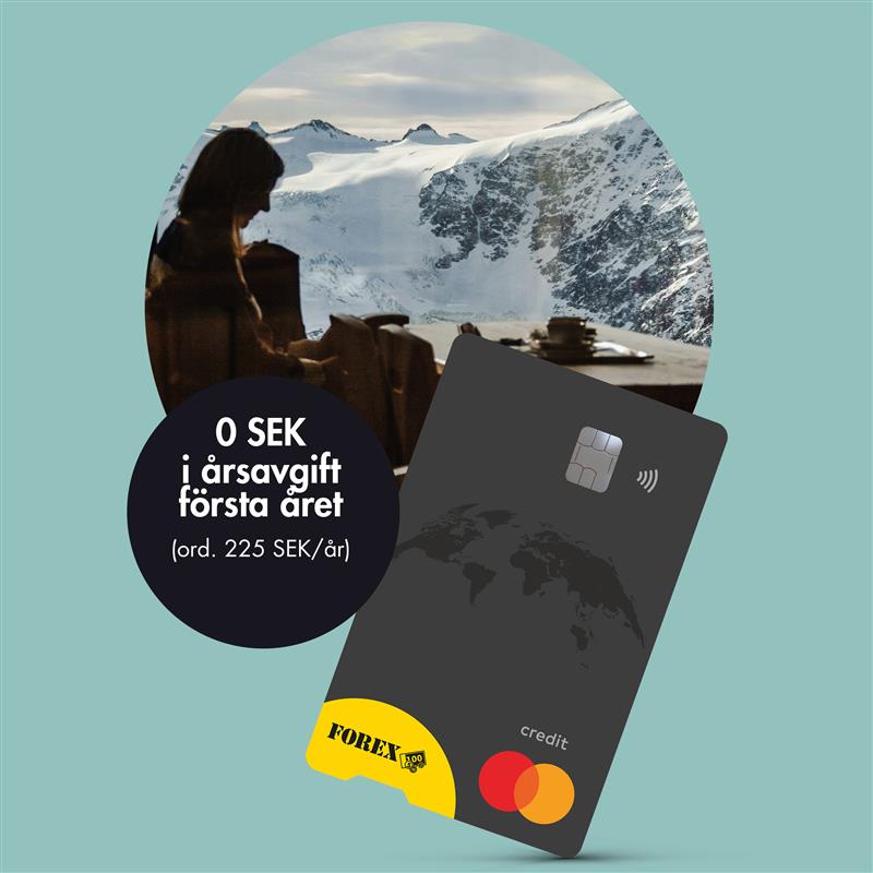 Kreditkort från FOREX med 0 SEK i årsavgift första året, snöklädda berg och person i bakgrunden.