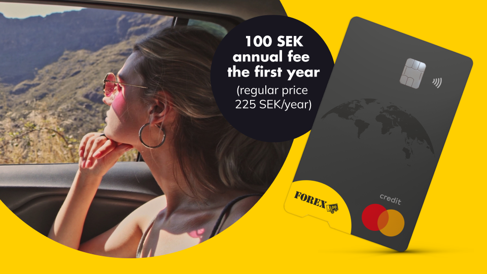 Woman in car looking out window, wearing pink sunglasses. A promotional image featuring a grey credit card with a 100 SEK annual fee offer for the first year, reduced from 225 SEK. Background shows a scenic mountain view.
