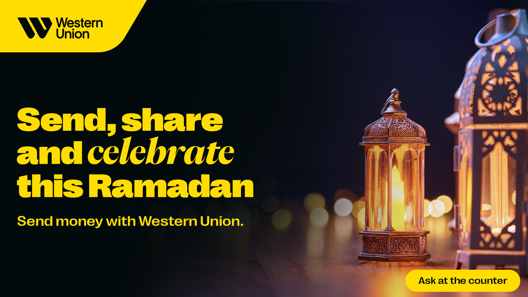 Western Union Ramadan money transfer promotion with lit lanterns representing festive decorations.