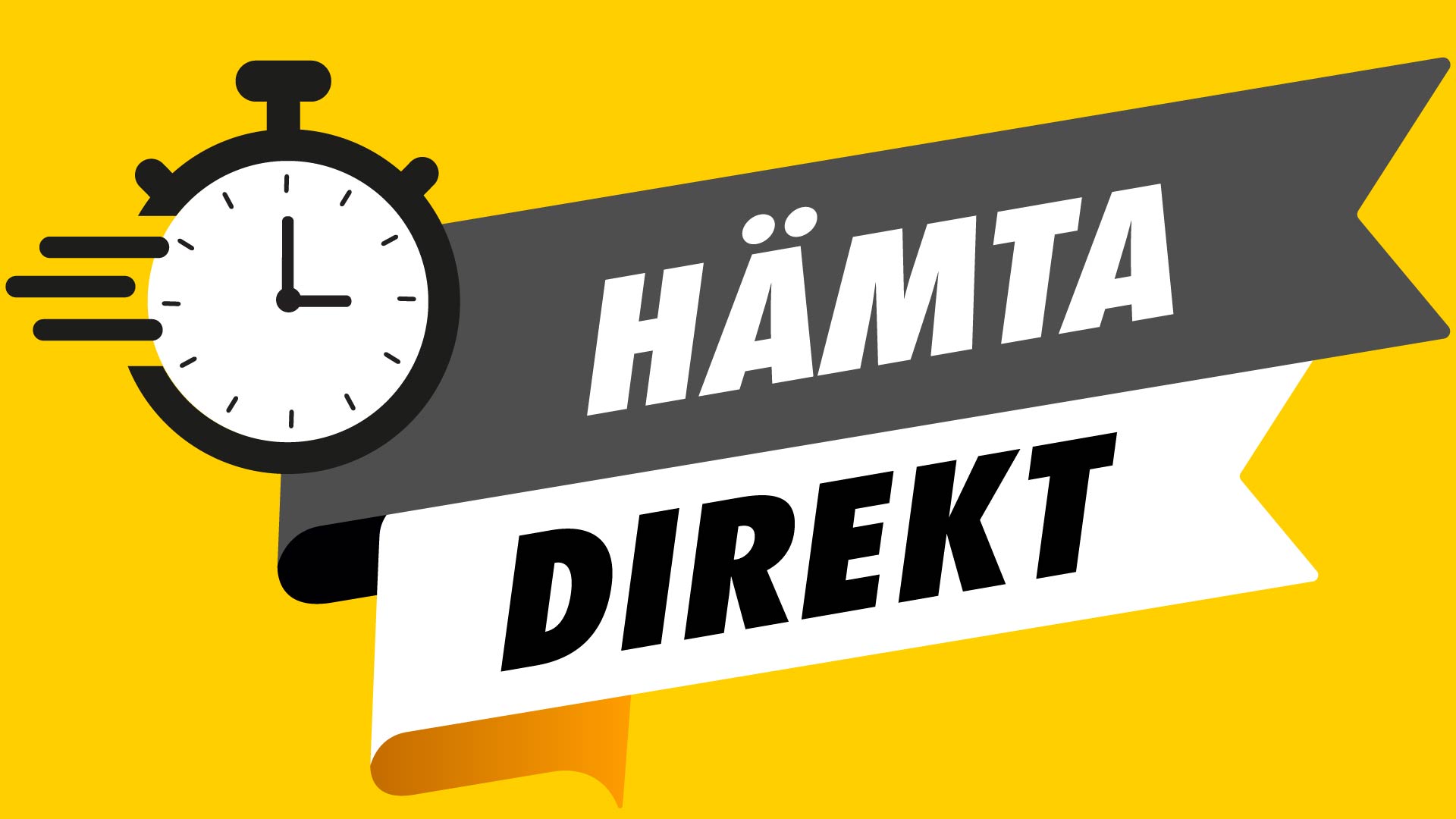 Klockikon med texten "Hämta Direkt" på gul bakgrund.