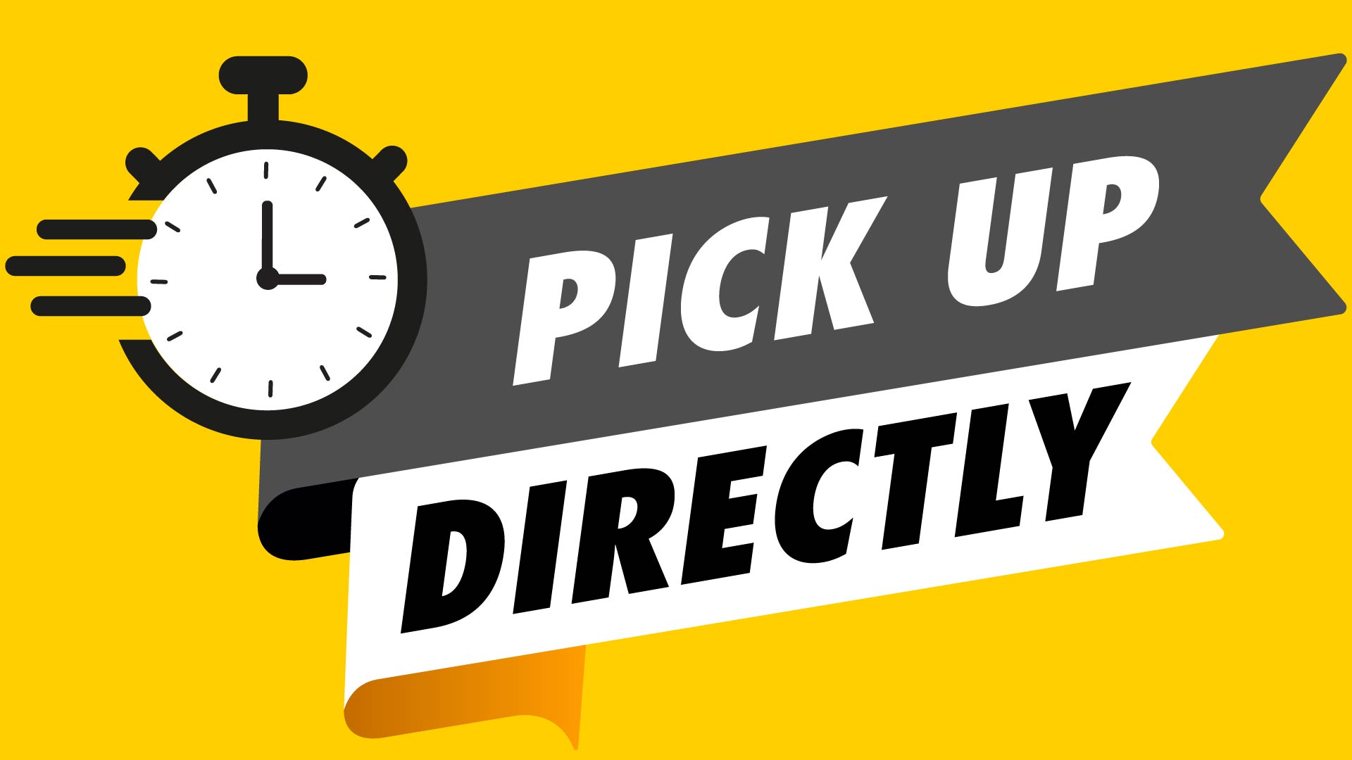Clock icon with "Pick Up Directly" text on a yellow background, emphasizing speed and convenience.