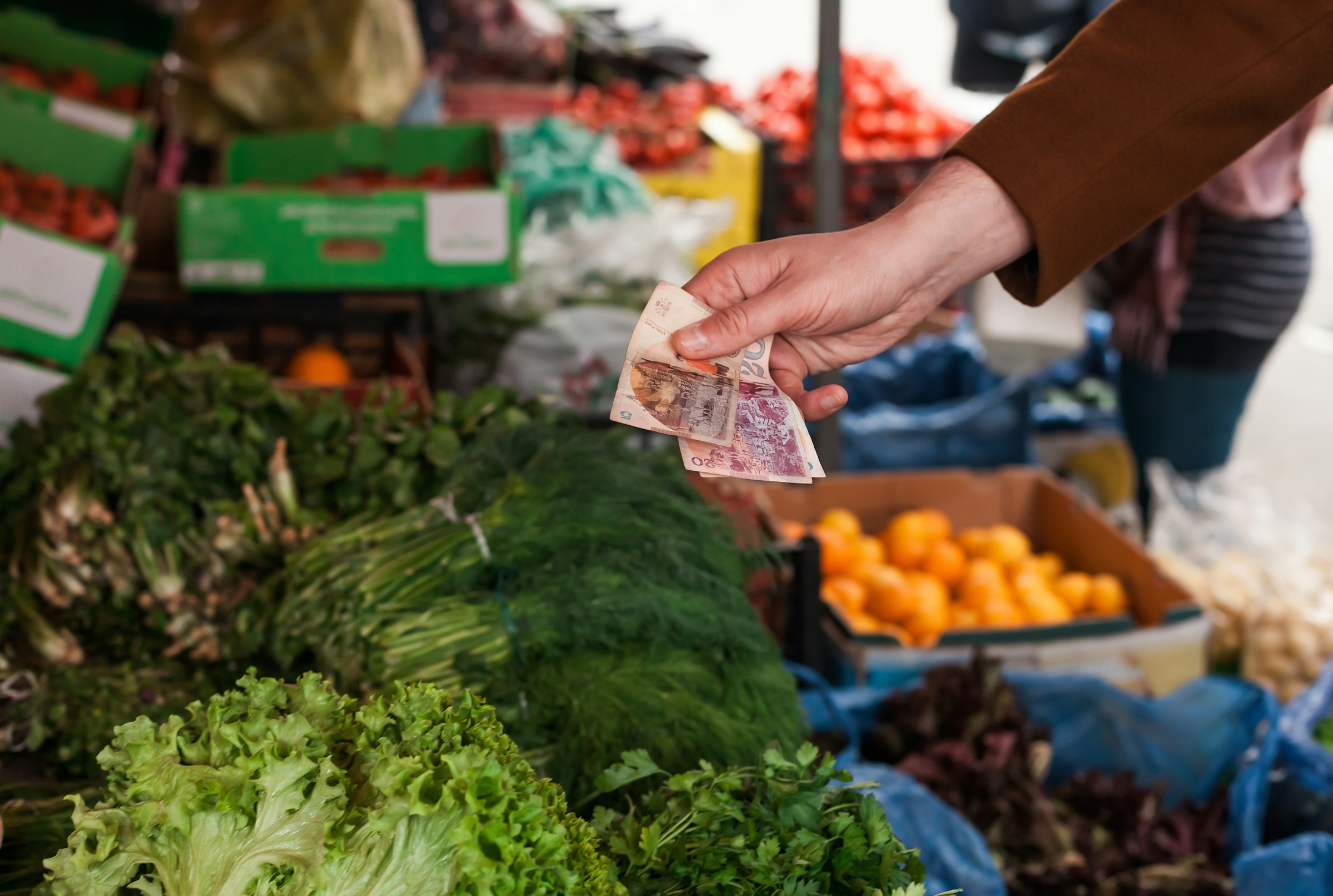 Person handlar grönsaker på en utomhusmarknad och håller pengar över fräscha salladshuvuden och andra grönsaker i Sverige.