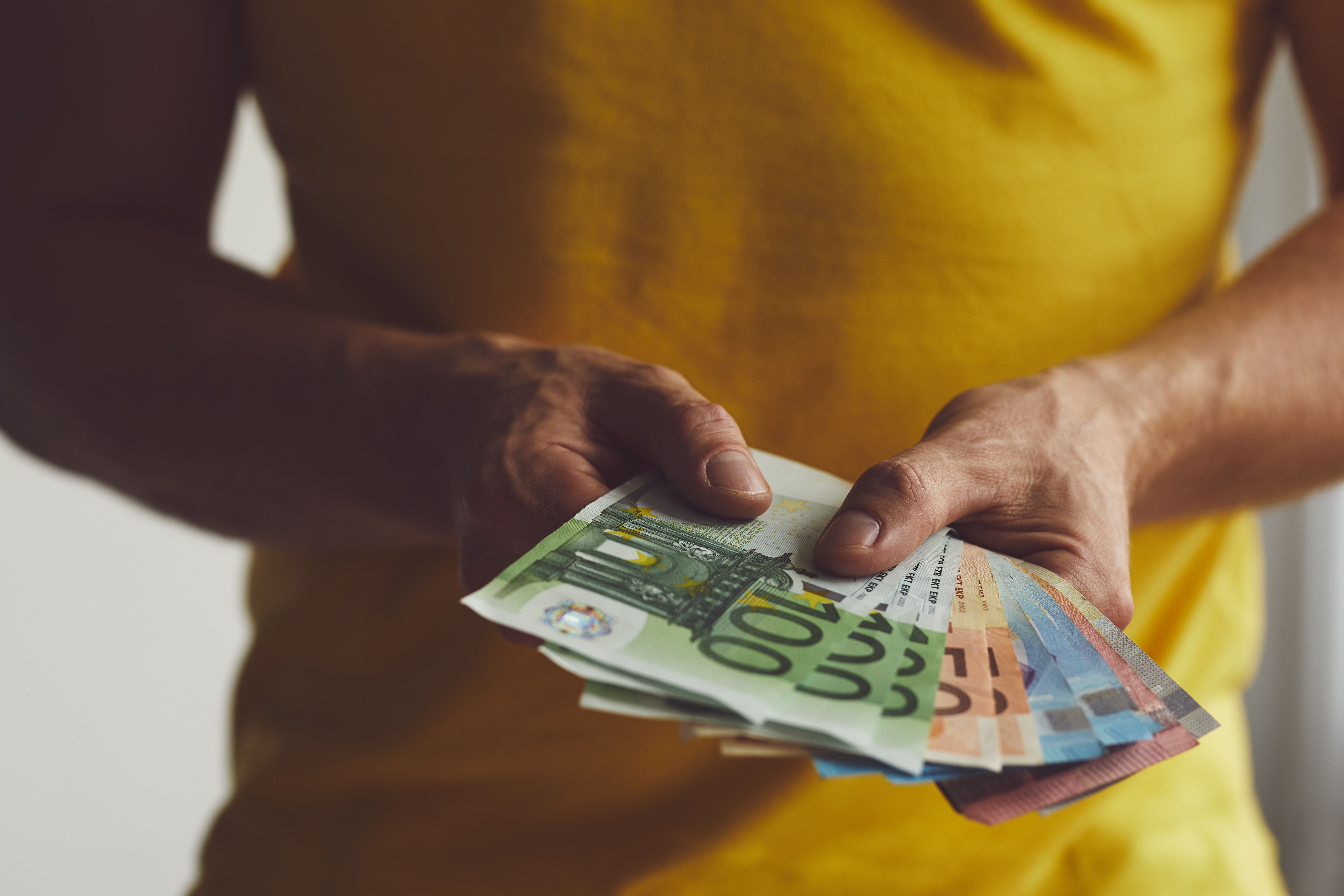 Person holding various denominations of Euro banknotes, emphasizing finance and currency exchange.