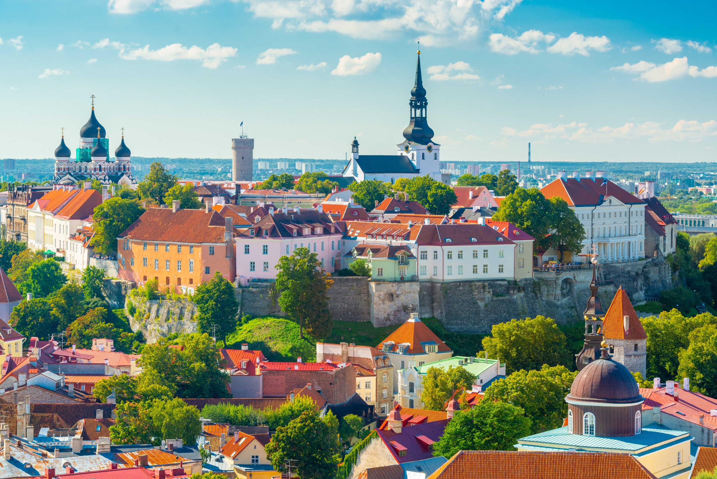 Resa till Tallinn - Panoramavy över Tallinns gamla stad med färgglada tak, historiska byggnader och kyrktorn under en klarblå himmel.