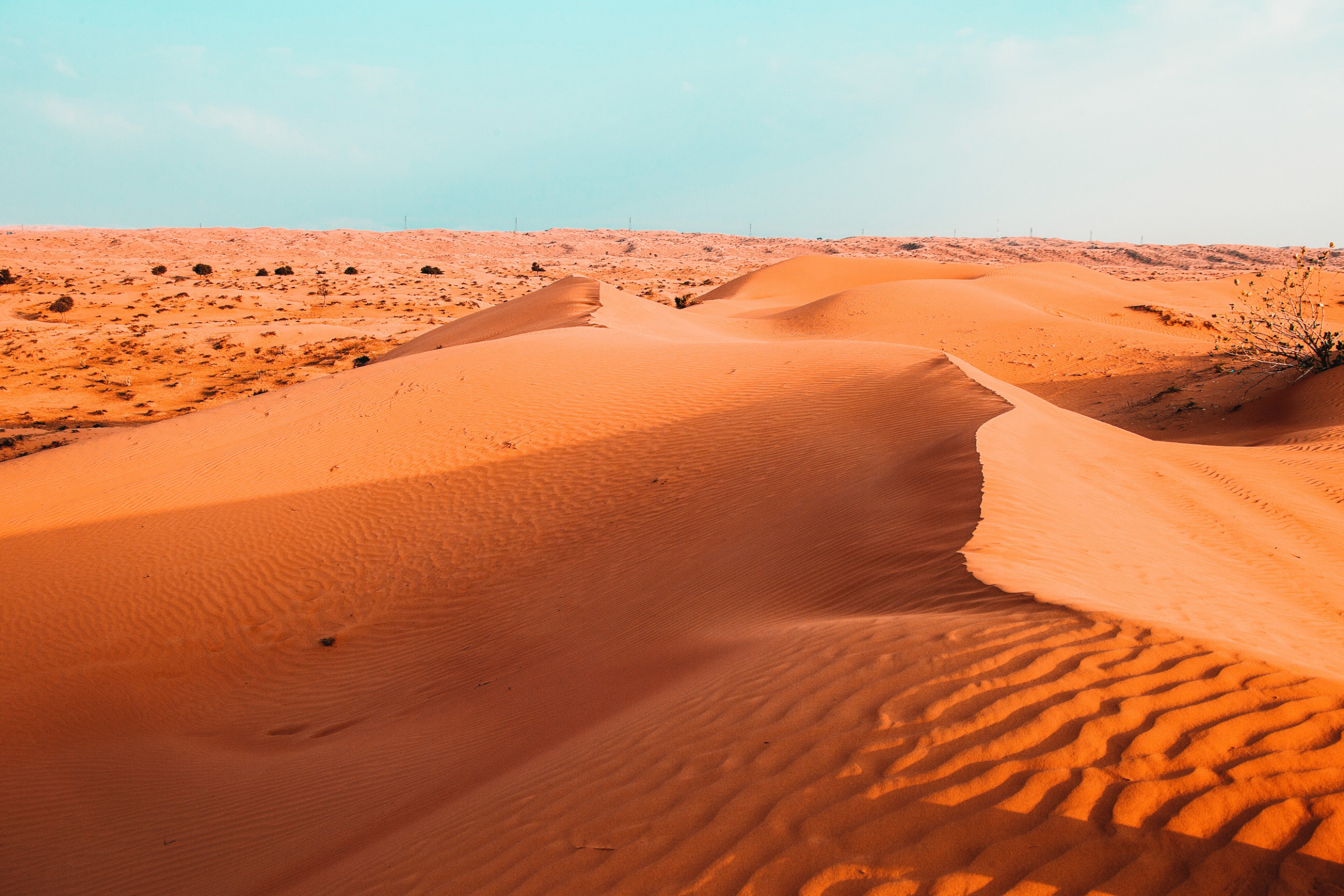 Travel to United Arab Emirates - Vast desert landscape with rolling orange sand dunes under a clear blue sky.