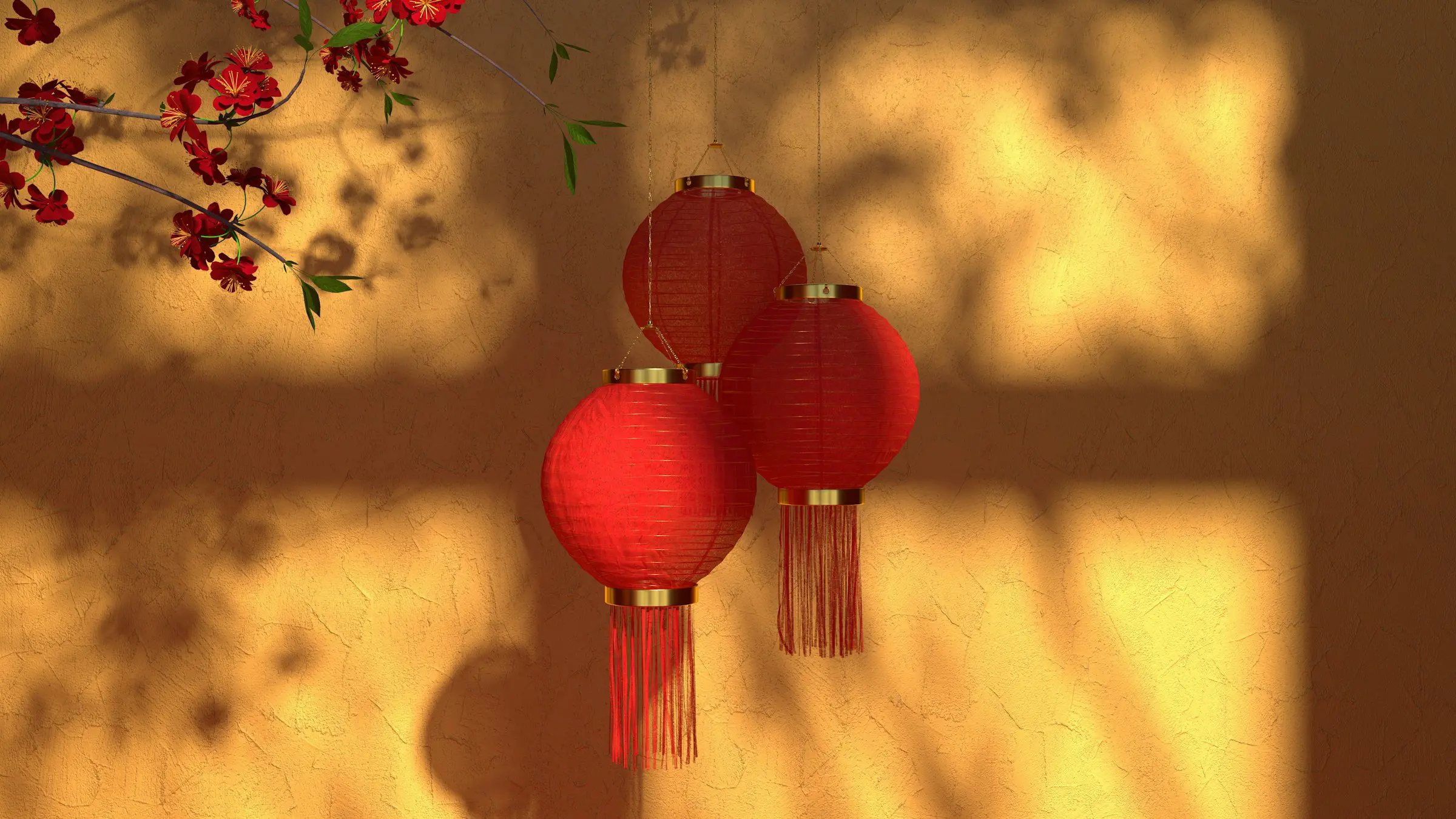 Red Chinese lanterns hanging against a warmly lit wall with shadowed floral branches