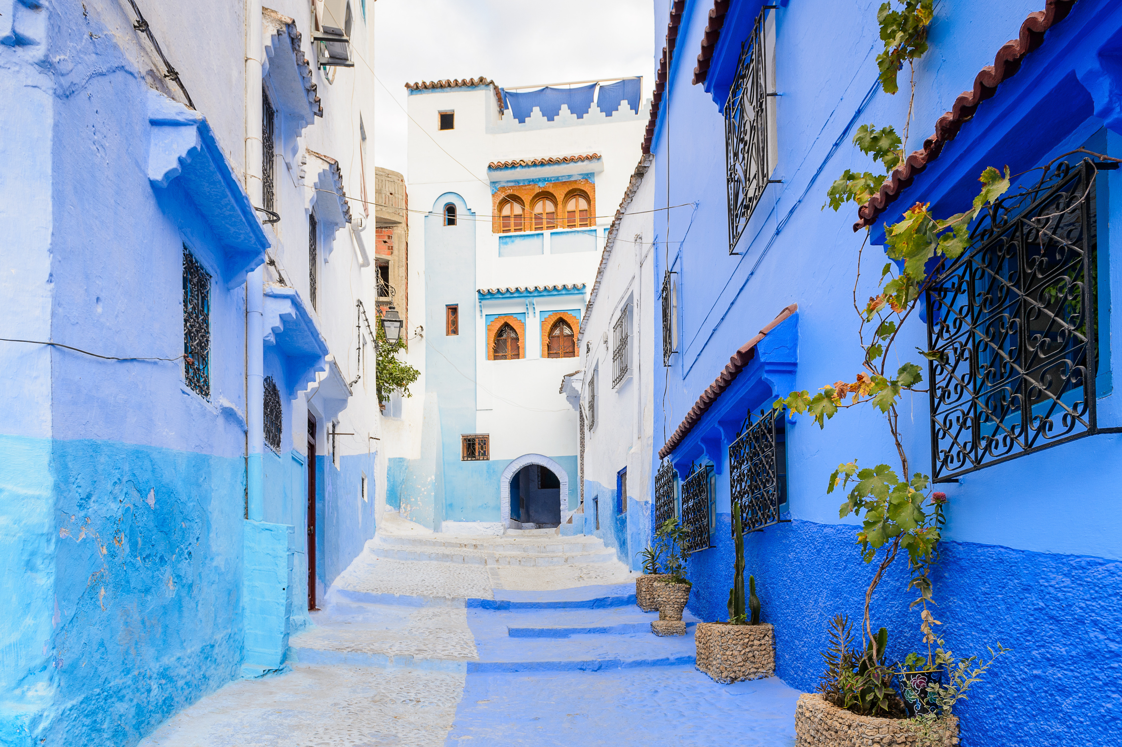 Vibrant blue buildings line a narrow street in Chefchaouen, Morocco, featuring traditional architecture with vine-decorated facades and arched doorways