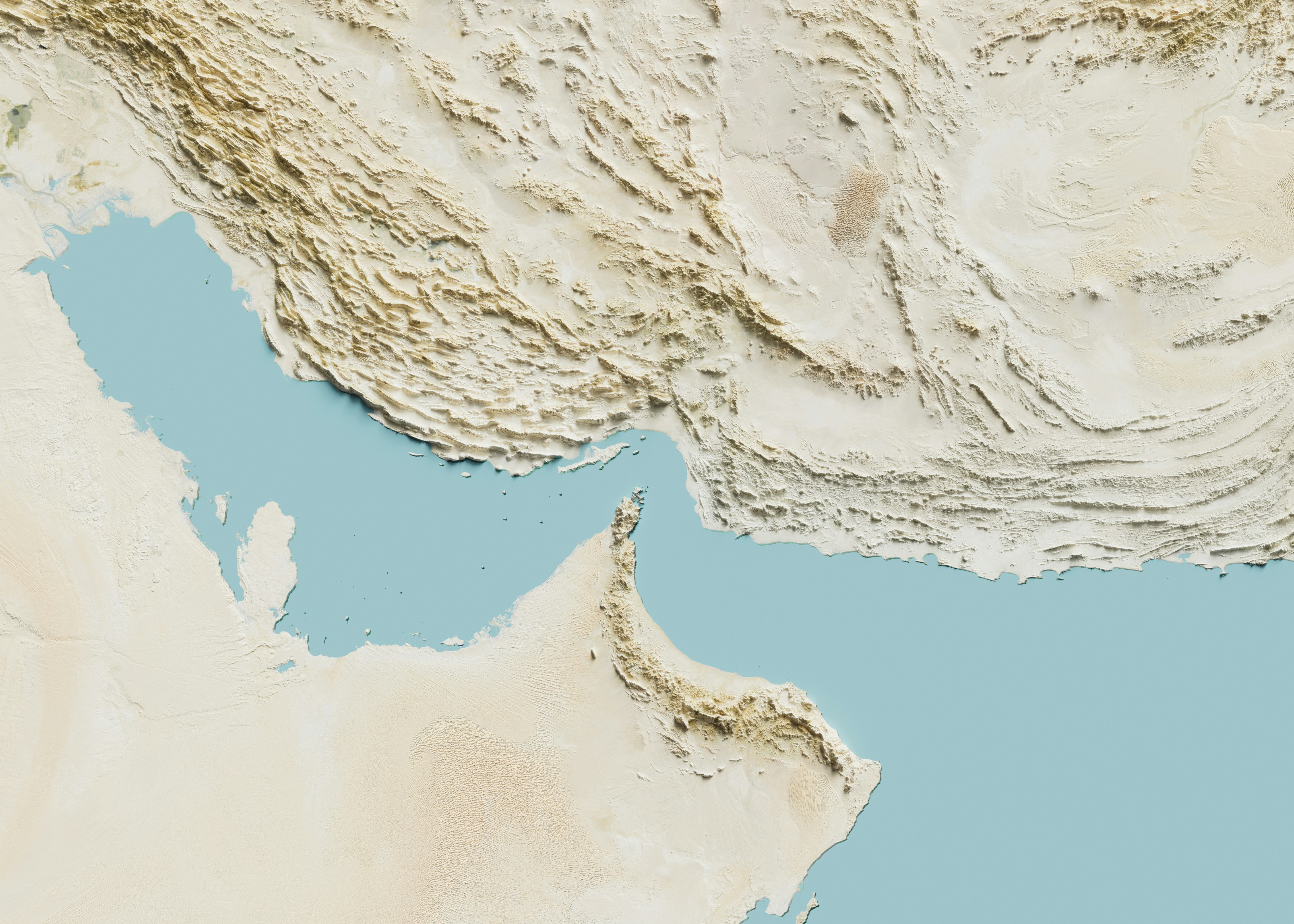 Map of the Persian Gulf region, highlighting Iran's mountainous terrain to the north and Arabian Peninsula's desert landscape to the south, with the Gulf of Oman to the east