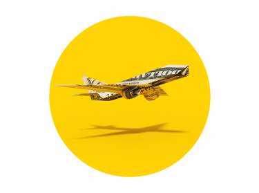 Composite airplane of dollar bills against yellow background.