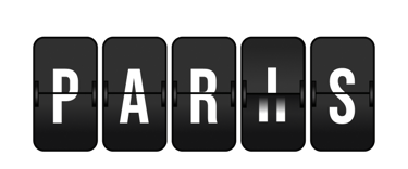 Black and white sign with the text "PARIS" in the style of a rolling timetable board.