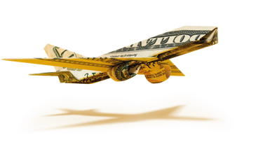 Flygplan vikt av amerikanska dollarsedlar som symboliserar resor, valuta och kostnader utomlands.
